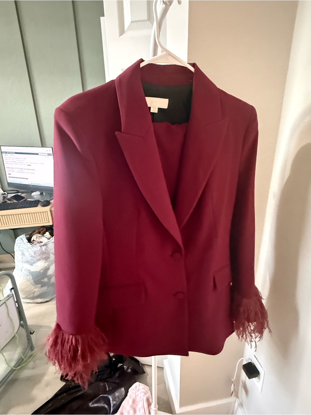 Zara Burgundy Feather-Cuff Blazer and matching pants